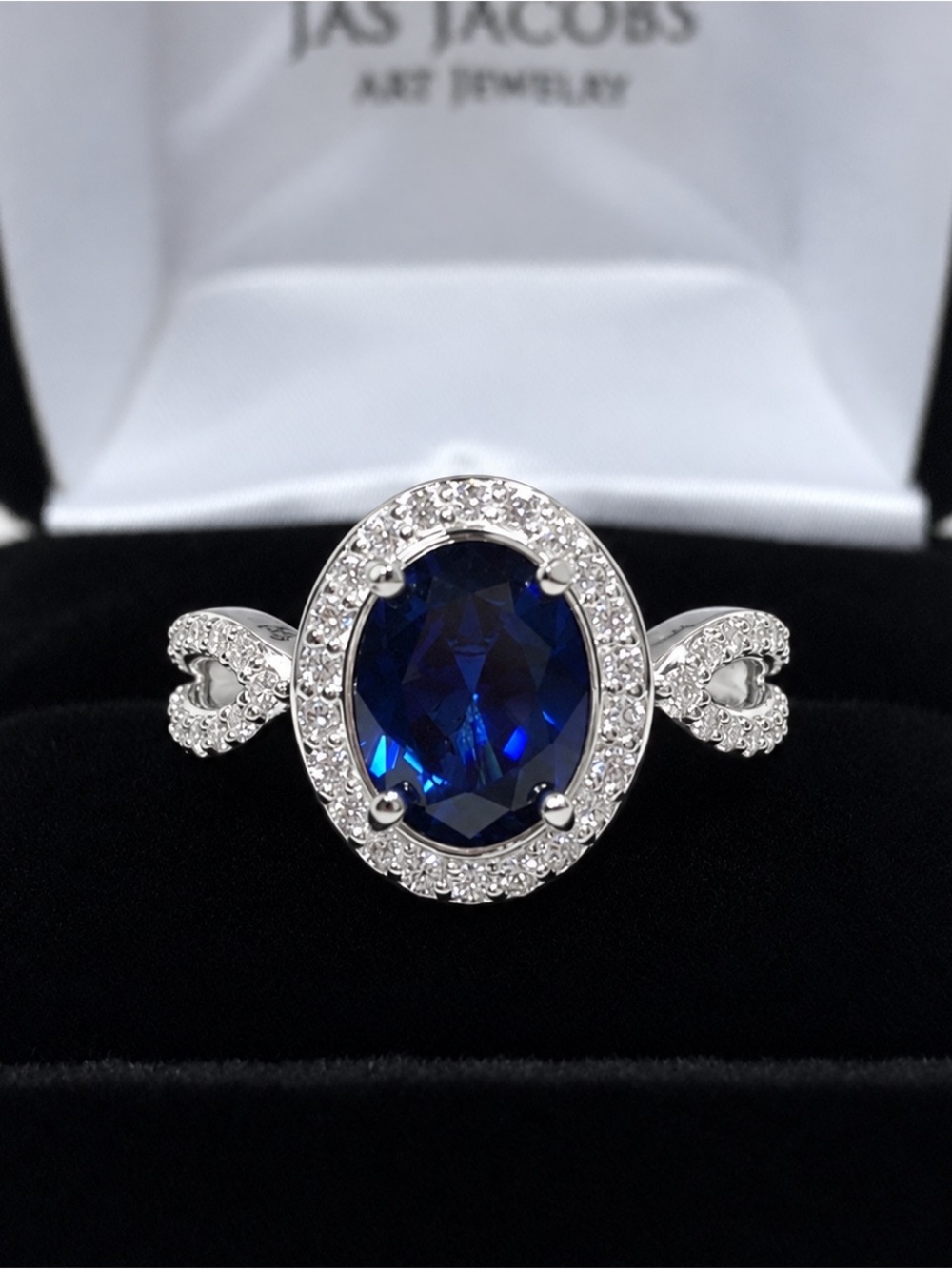 Blue Sapphire Halo Ring, Sterling Silver, Modern Classic Infinity Ring